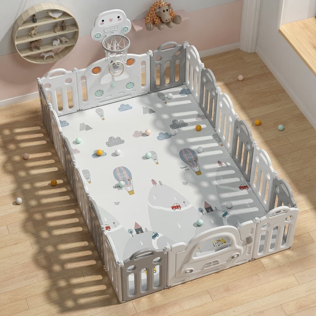 Large Foldable Baby Playpen with Basketball Hoop & Activity Mat - Toddler Play Yard